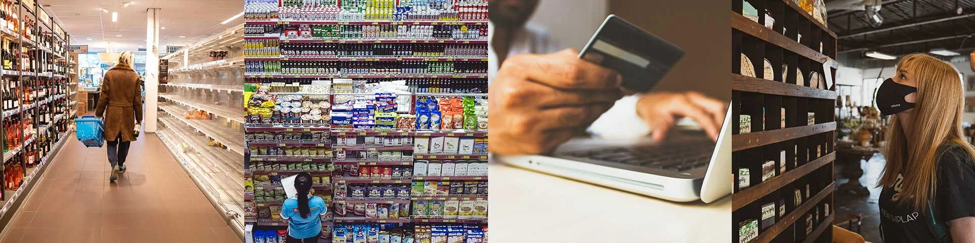 Woman with a shopping basket walking down a grocery store aisle, shelves stocked with canned goods and food items, a child looking at products on the shelf, someone using a credit card at checkout, woman with a mask shopping in a store with wooden shelves.