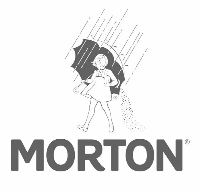 A girl holding an umbrella walking in the rain, with the word 'MORTON' below.