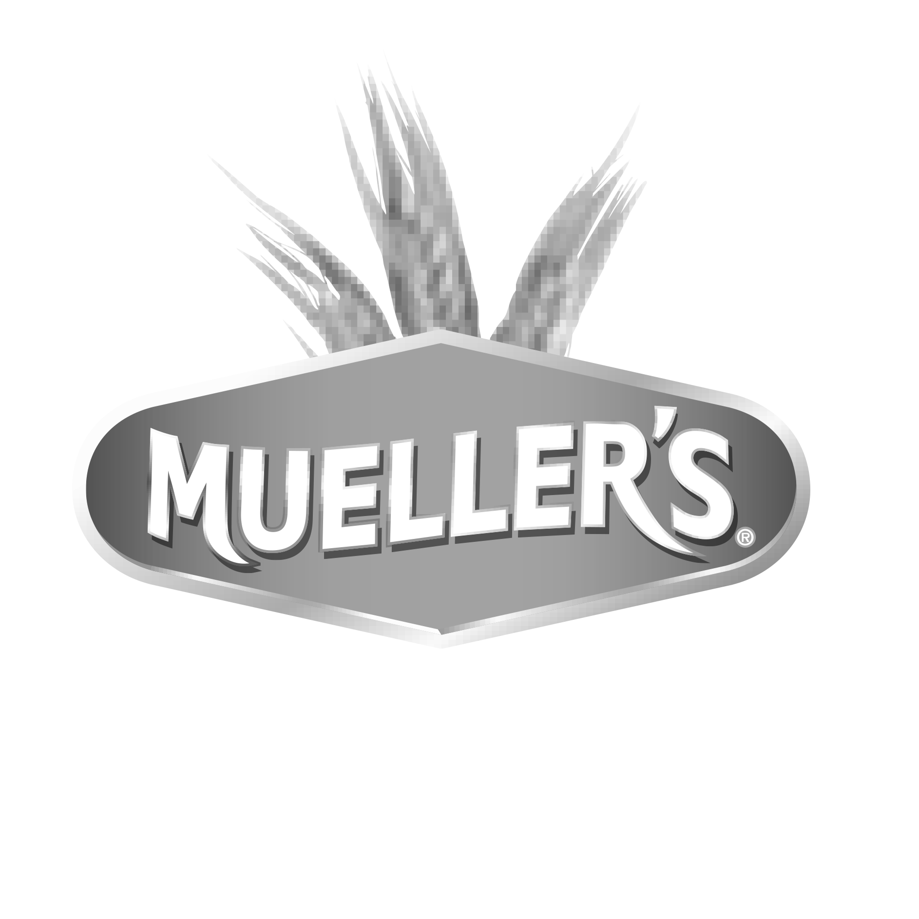 A vintage-style black and white sign features the word "MUELLER'S" in bold, three-dimensional letters with a drop shadow, set against a background of stylized wheat sheaves.