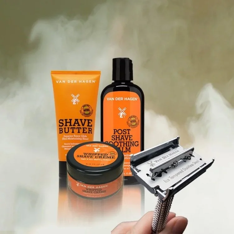 Set of Van der Hagen men's shaving products, including shave butter, post shave soothing balm, and whipped shave crème, along with a safety razor.