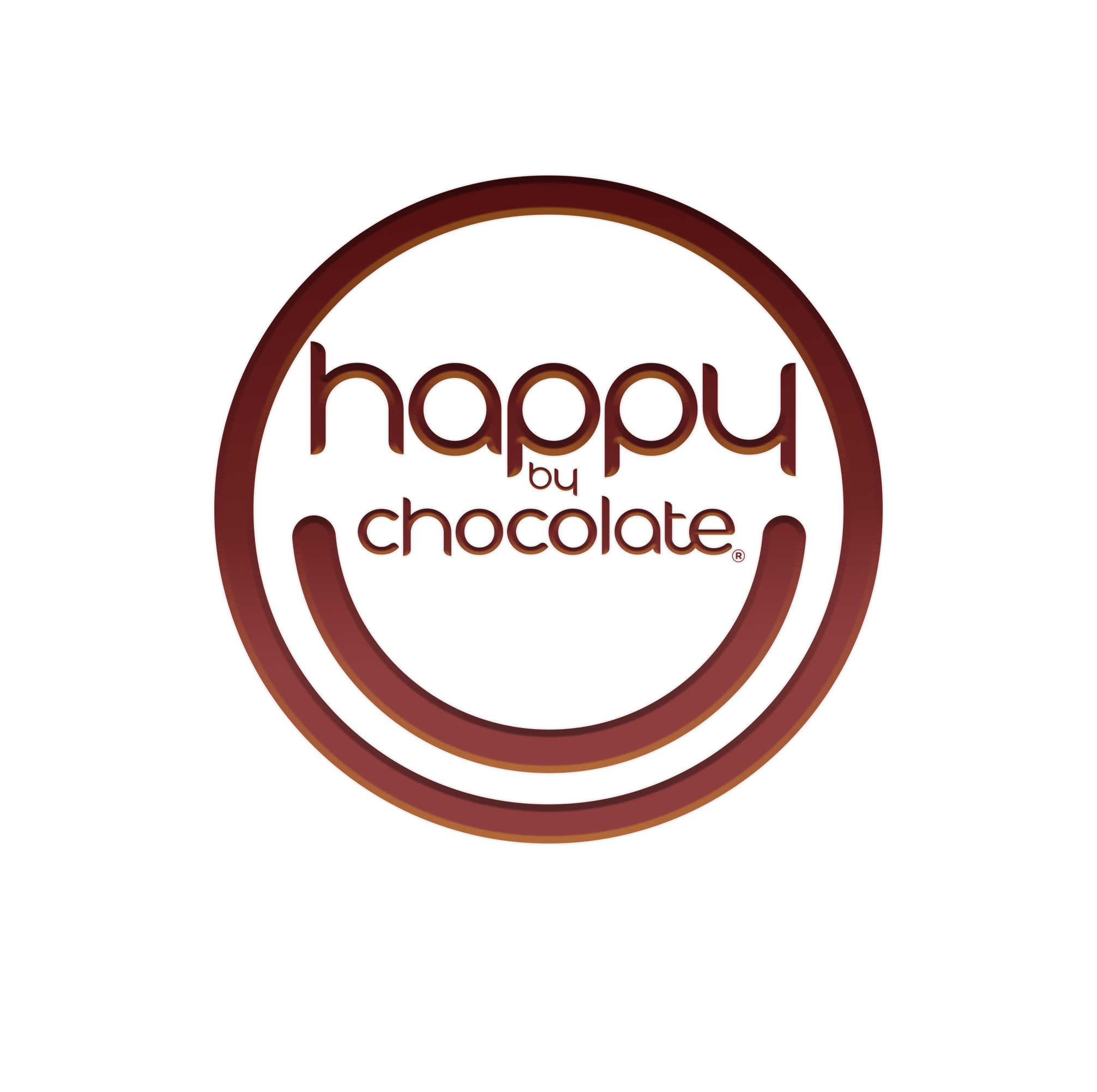 Close-up of a logo with the words "happy by chocolate" inside a circular design with a brown gradient outline on a white background.
