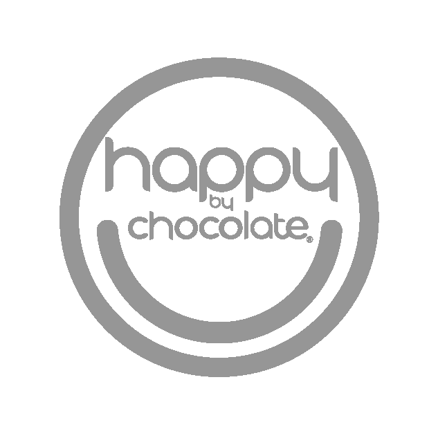 A circular logo with the words "happy you chocolate" inside, with a stylized smiley face outline around the text.