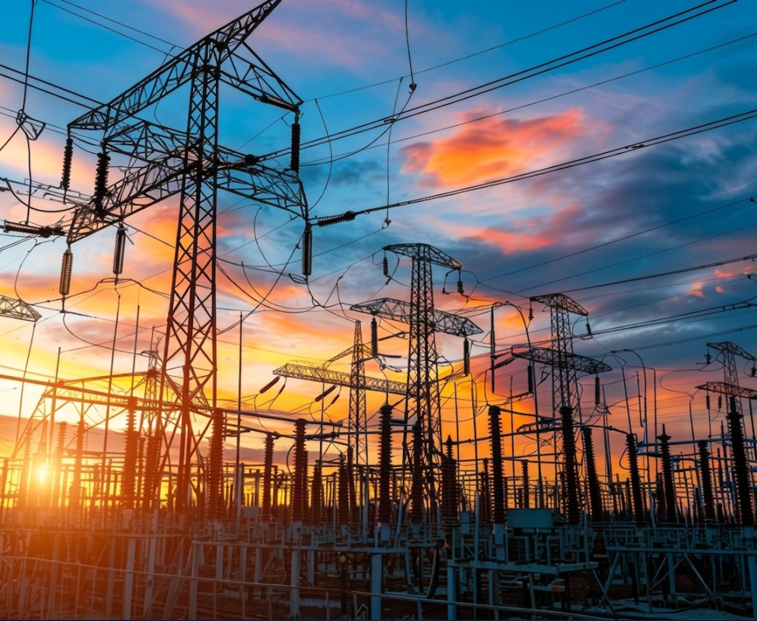A sunset sky filled with orange, pink, blue, and purple clouds over high-voltage electrical transmission towers and lines.