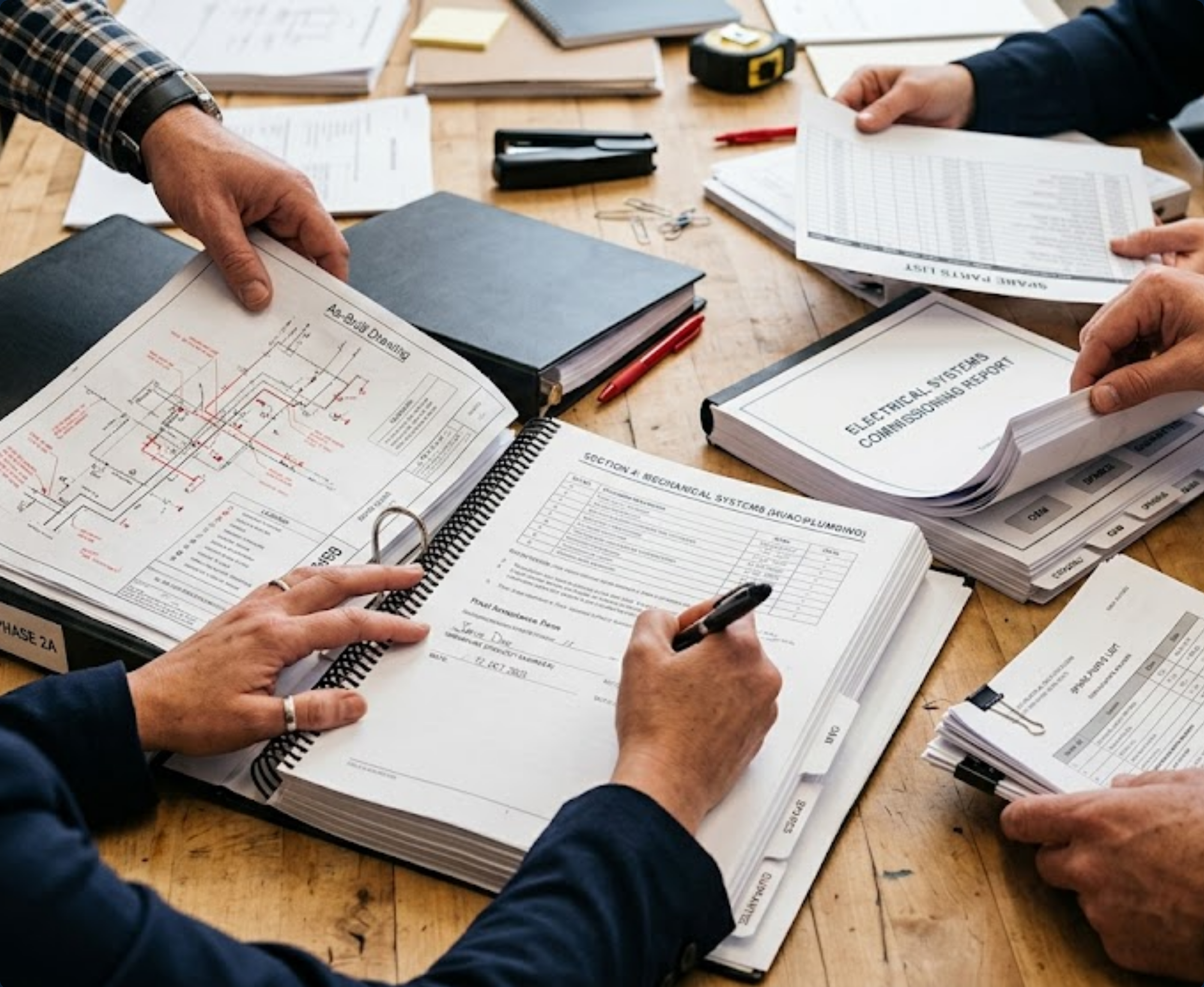 Two people working with documents and reports related to electrical systems on a wooden table.
