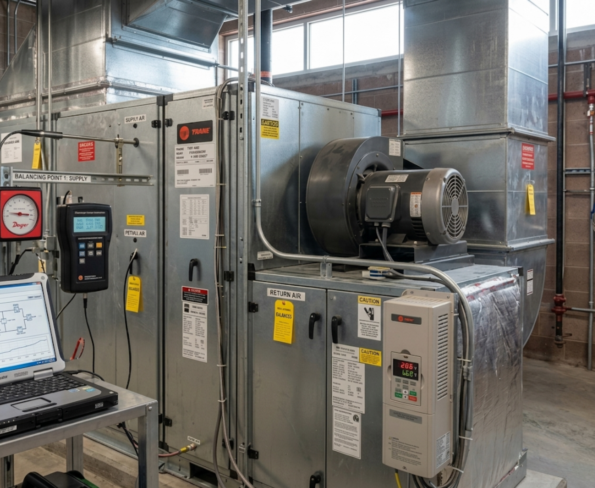 Industrial HVAC system with metal ducts, electrical panels, and control devices in a building utility room.