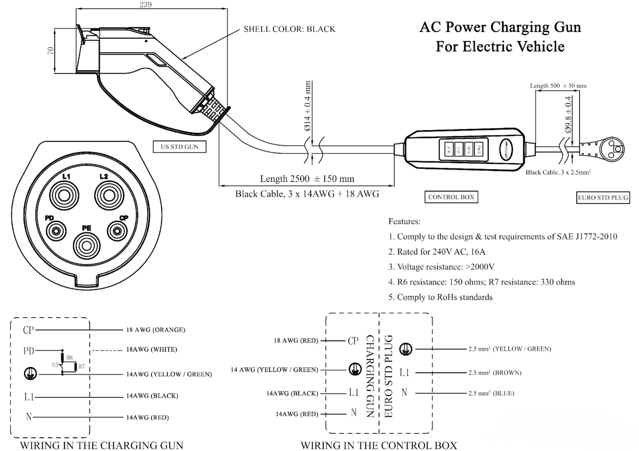 Technical diagram of an AC power charging gun for electric vehicles, displaying wiring details, dimensions, cable specifications, and components such as a control box and Euro standard plug.