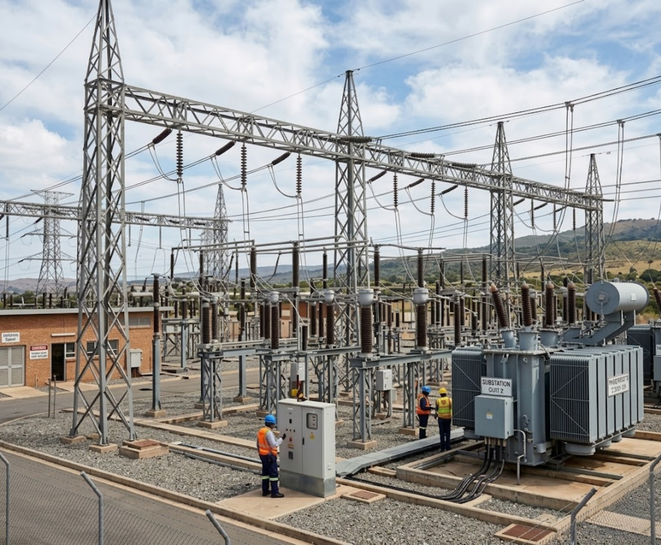 Electric utility substation with electrical infrastructure and power lines, workers in safety vests and helmets, and control equipment.