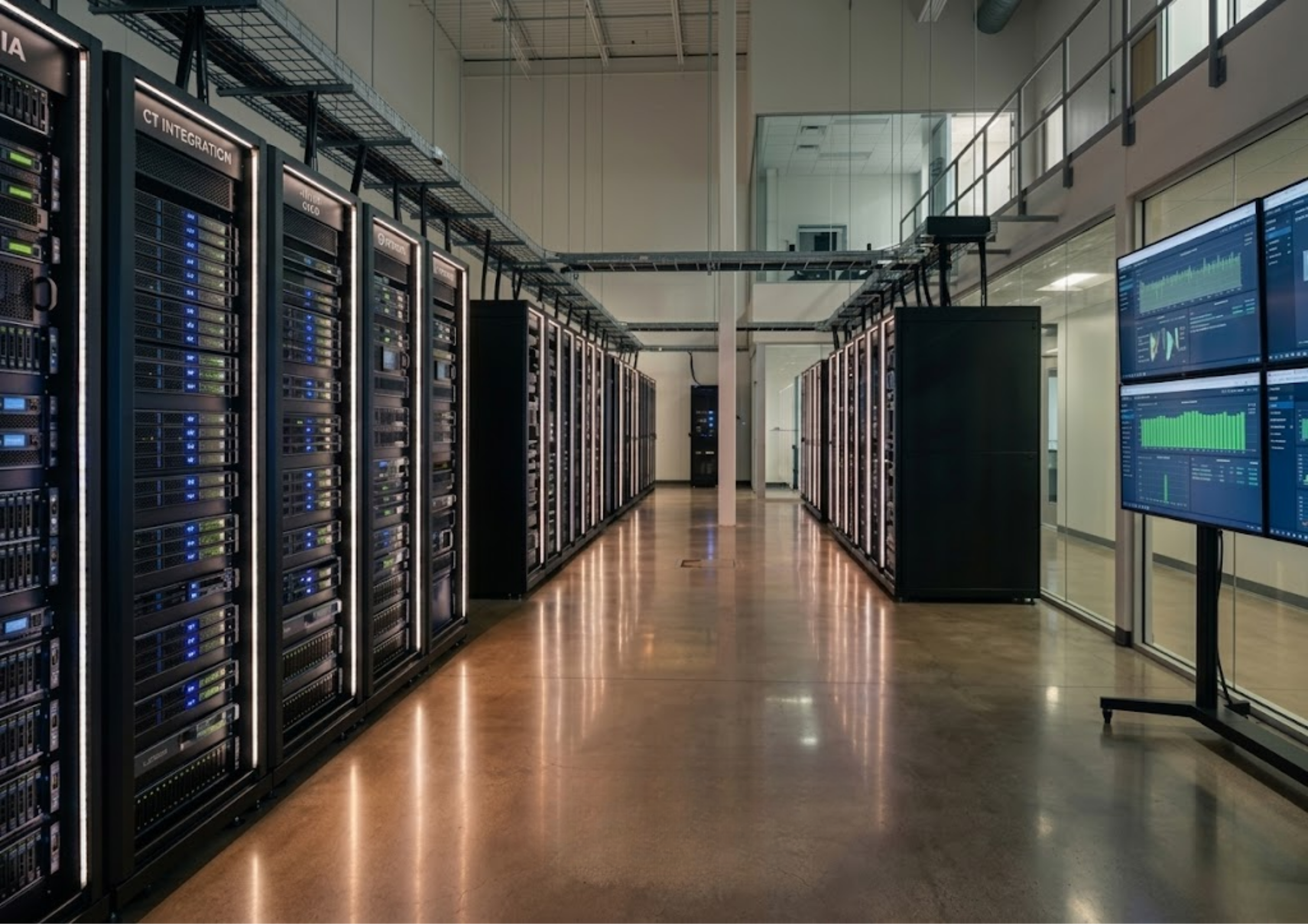 Server room with multiple server racks and monitors displaying data dashboards.