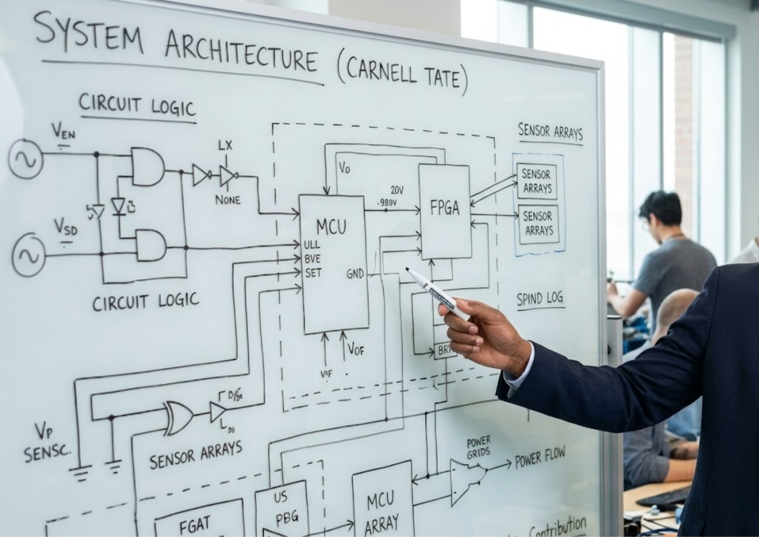 Whiteboard with a diagram of system architecture, including sections labeled circuit logic, sensor arrays, and power grid, with a person pointing at it in a modern office setting with large windows.