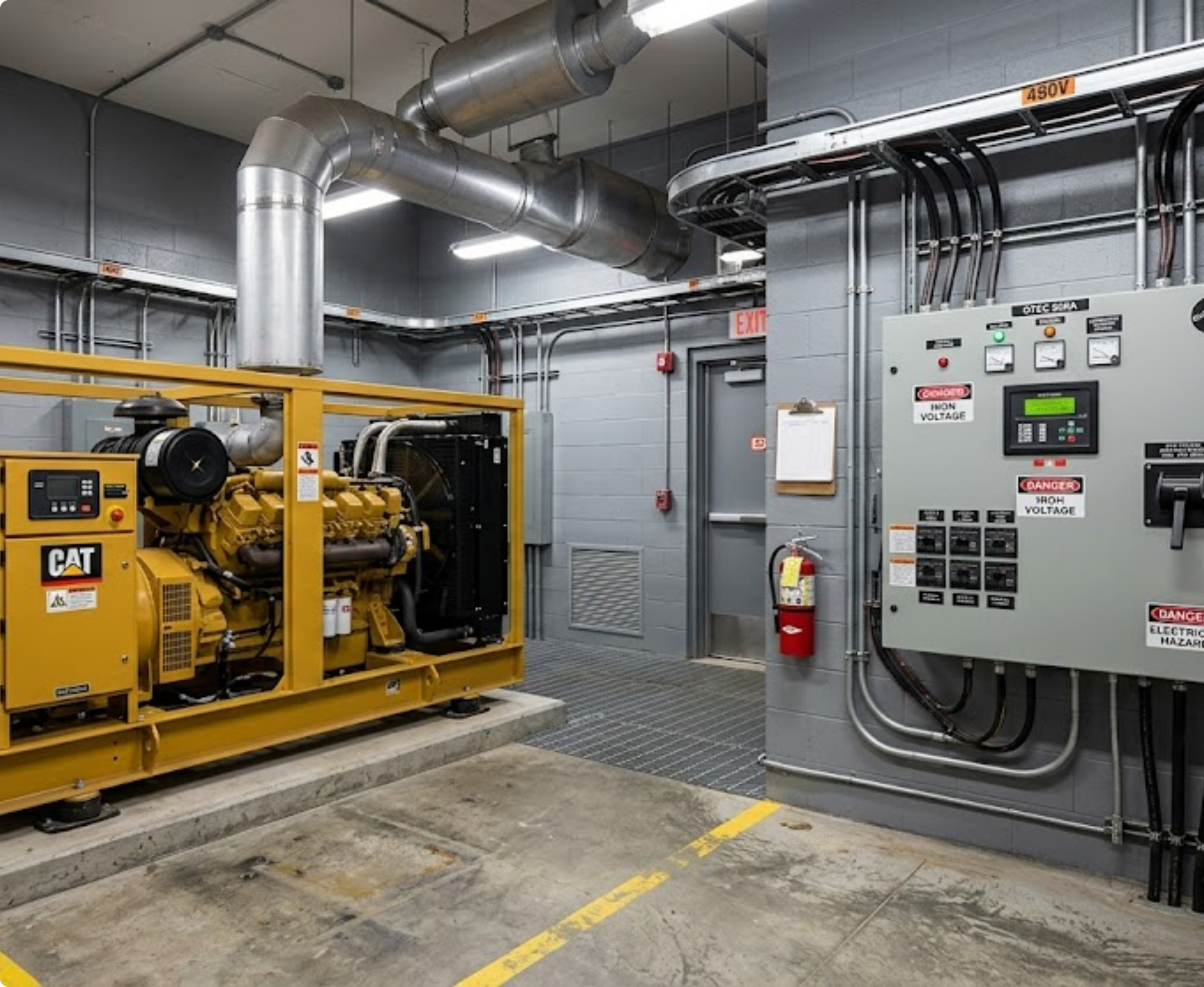 Industrial equipment in a utility room, including a yellow generator, large metallic ductwork on the ceiling, electrical panels, and safety signs on the walls.