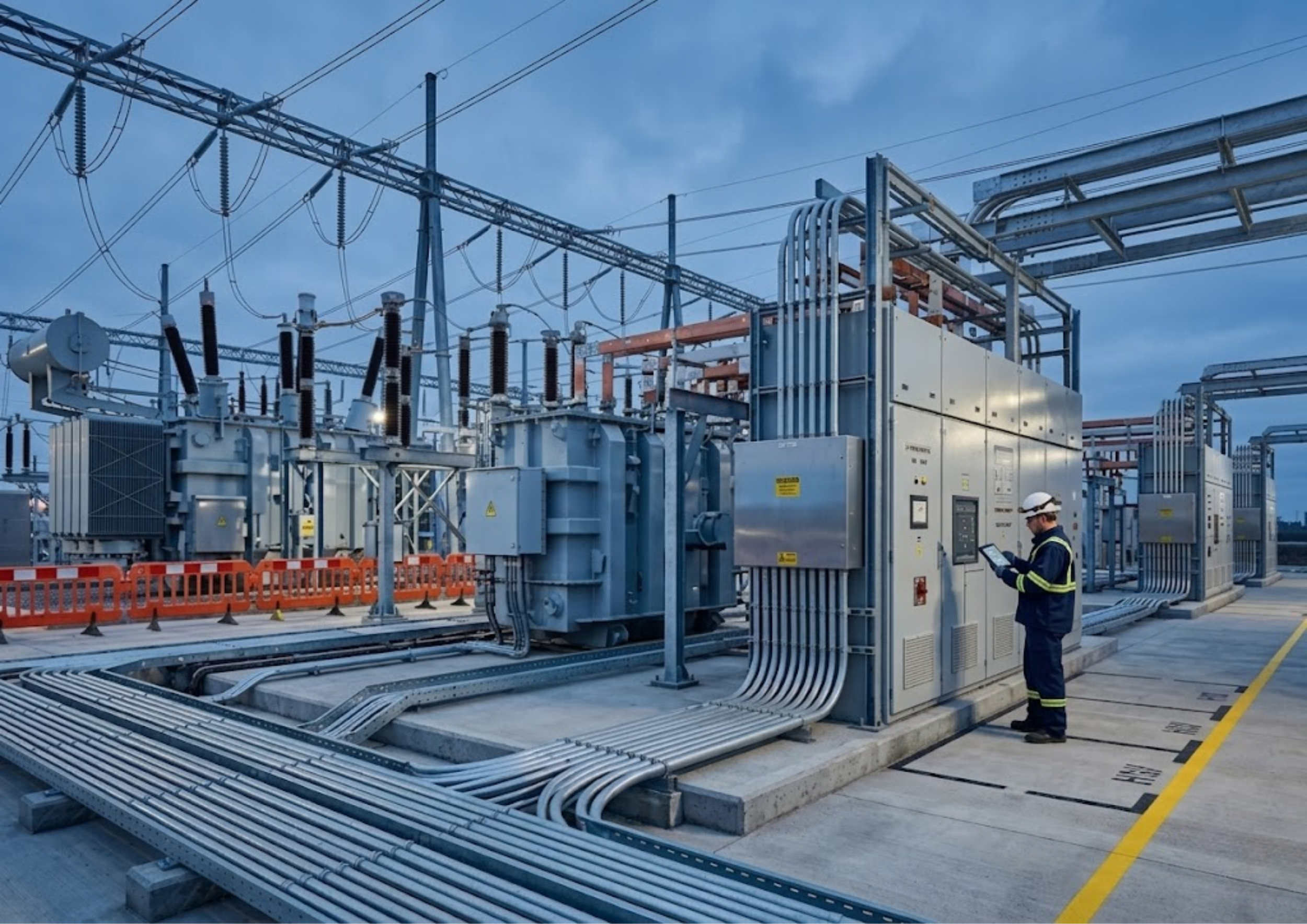 An industrial electrical substation with transformers, power lines, and electrical equipment. A worker in a safety uniform and helmet is inspecting the equipment with a tablet. The sky is cloudy, and the area is cordoned off with orange safety barriers.
