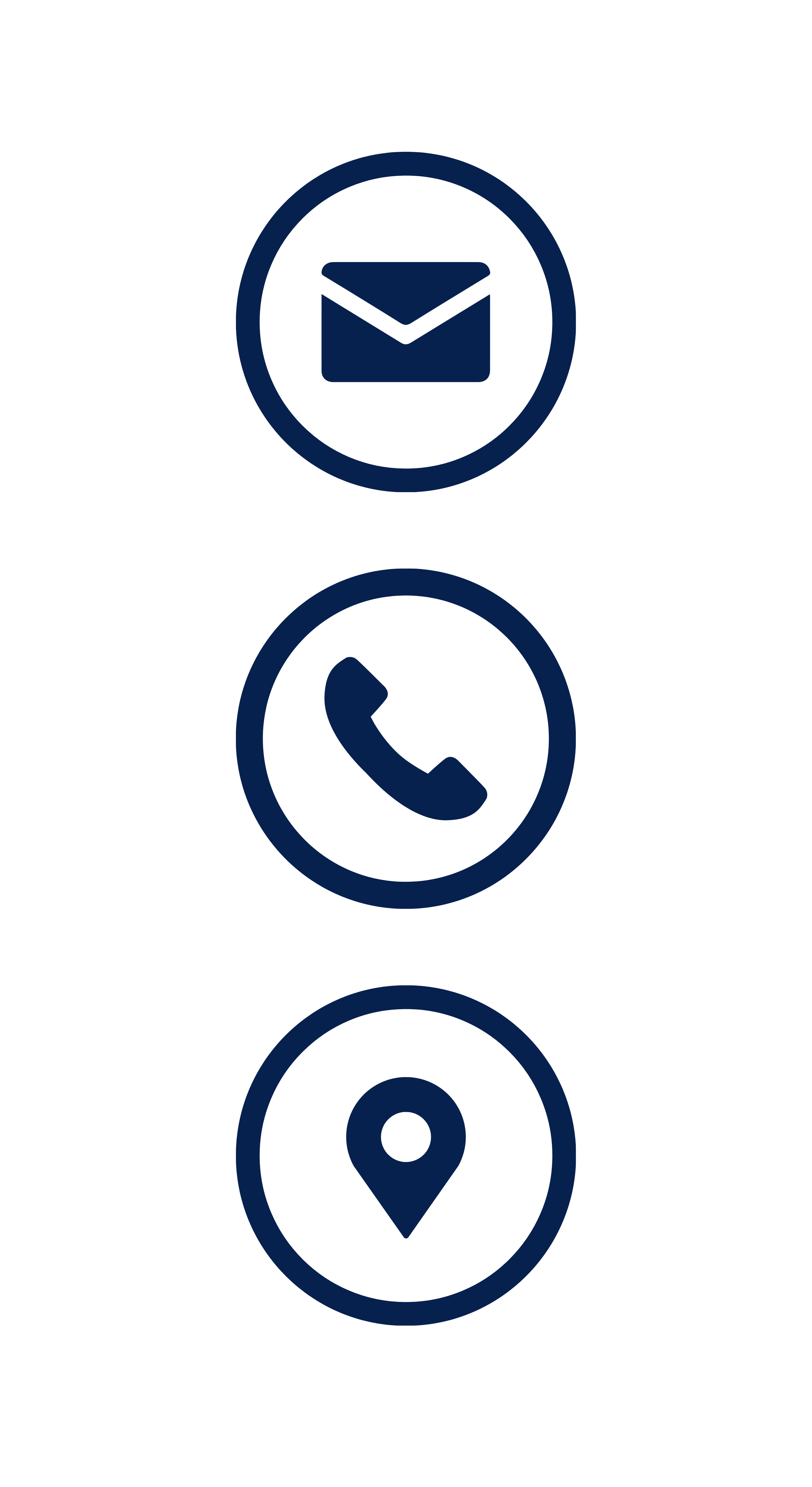 Email icon, phone icon, location icon in a vertical column