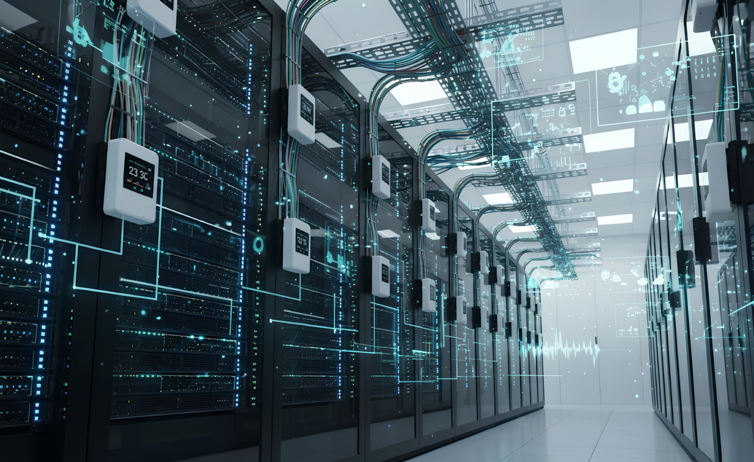A modern data center with rows of server racks, connected by bundled cables and illuminated by blue and white LED lights, with digital interface screens displaying temperature and system data.