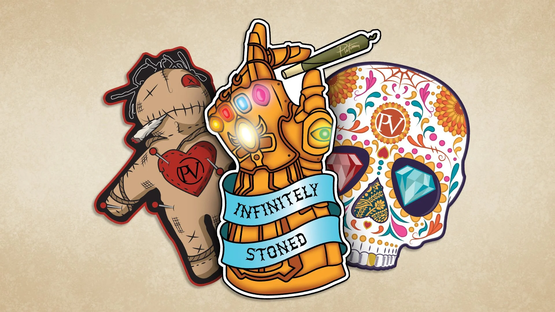 A cartoon-style image combining various elements: a colorful decorated skull with floral patterns, and a robot hand with Infinity Stones from Marvel's Infinity Gauntlet. The items are layered over each other with a beige textured background.