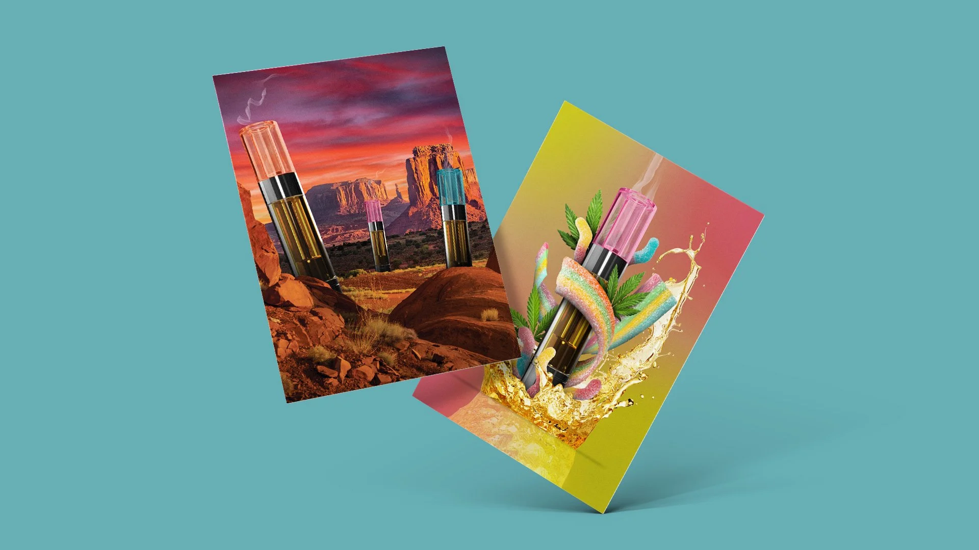 Two vibrant posters with colorful graphics and landscapes, featuring vape pens and surreal elements, set against a light blue background.