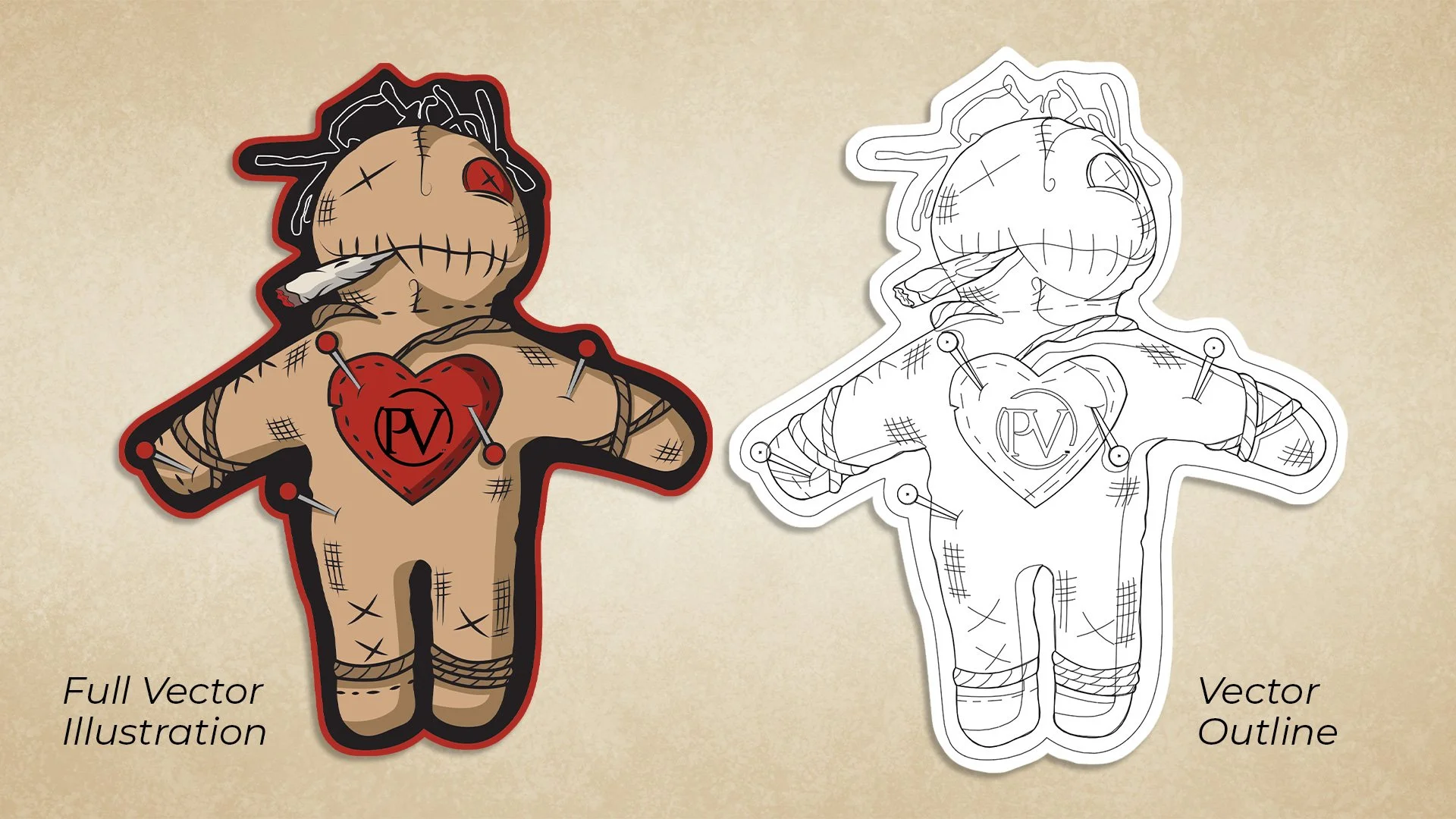 My fascination with the occult and oddities inspired this adorable voodoo doll illustration. It was turned into stickers and enamel pins as a part of our seasonal Halloween "goodie giveaways". 