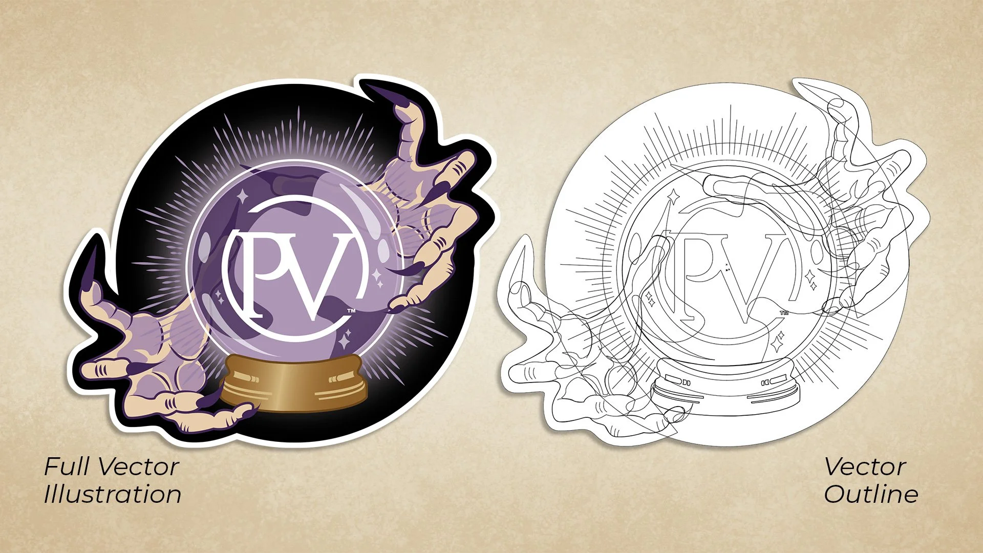 A continuation of occult inspired illustrations, this time being that of a crystal ball and eerie fortune teller's hands. Turned into stickers and enamel pins, this was another option for our "goodie giveways". 