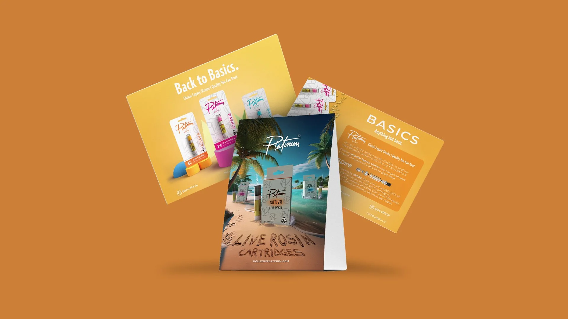 Image of cannabis vape products and accessories, including packaging, with promotional flyers and a background of a sandy beach scene with palm trees and text reading 'LIVE ROSIN CANNABIS'.