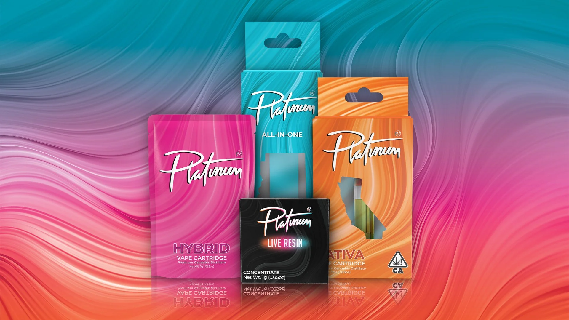 Various medical cannabis vaping products in colorful packaging, including vape cartridges and resin, with a vibrant, swirling background.