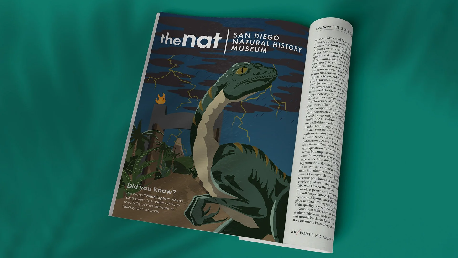 Magazine open to a page about San Diego Natural History Museum featuring an illustrated dinosaur with dark cloudy skies and lightning in the background.