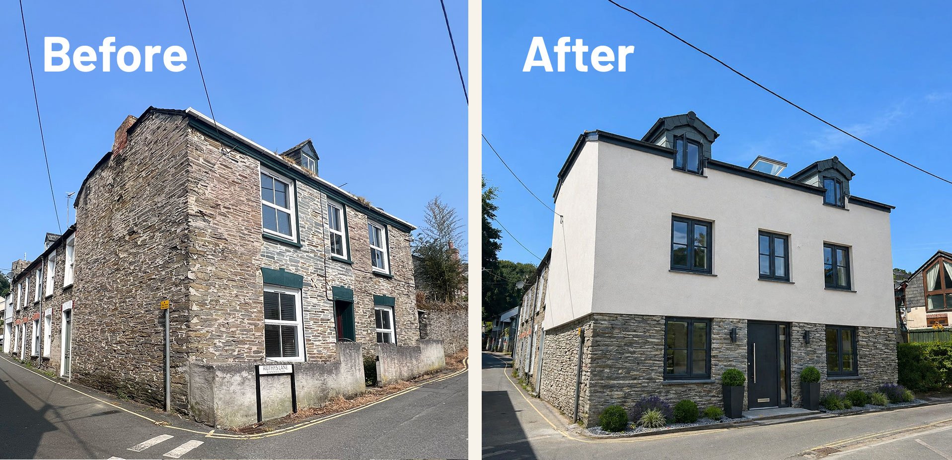 Side-by-side comparison of a three-story stone building before and after renovation. The 'Before' image shows an old, weathered stone exterior with darkened windows, while the 'After' image features a freshly plastered white facade with modern windows and a landscaped entrance.