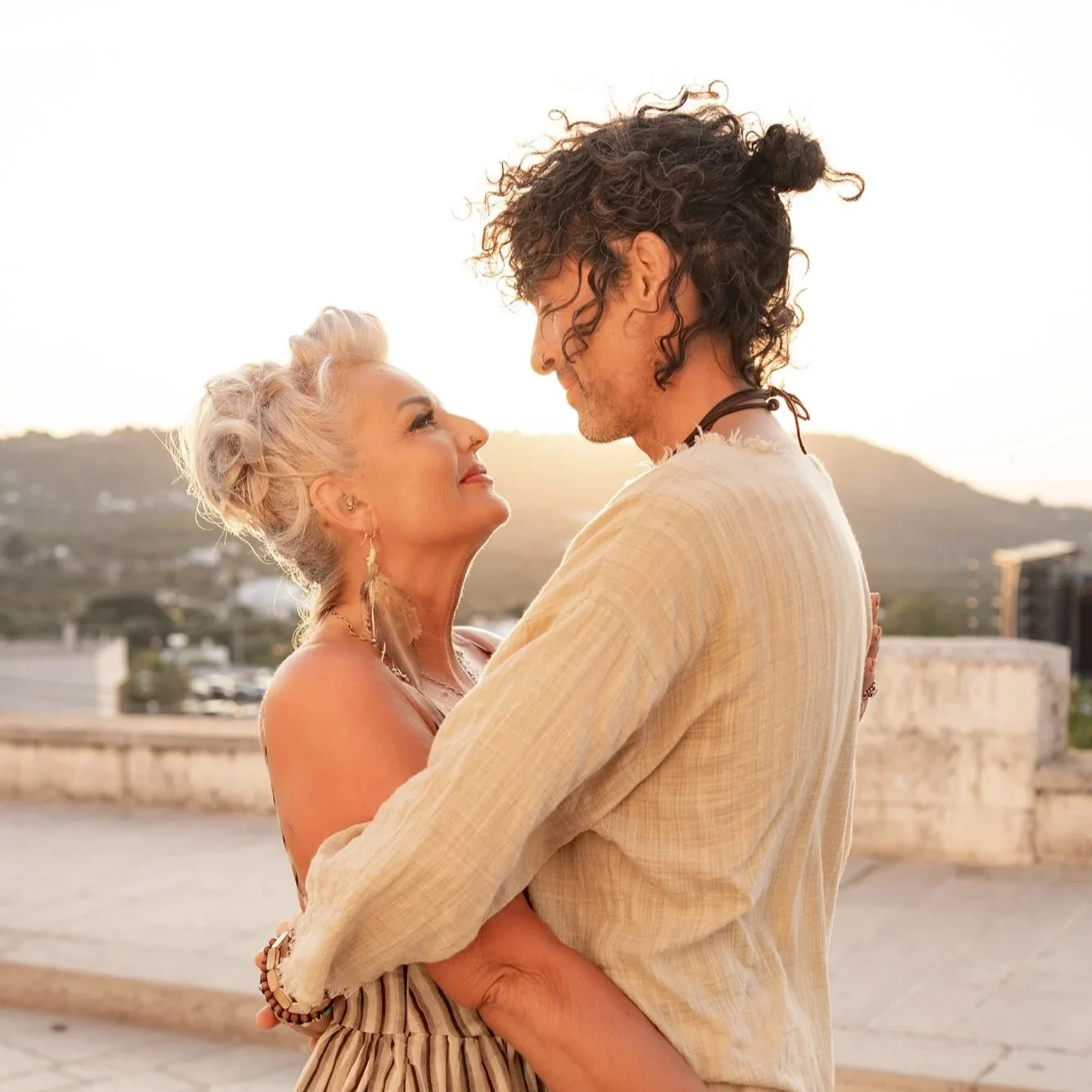 Romantic couples portrait session during golden hour in Puglia, Italy