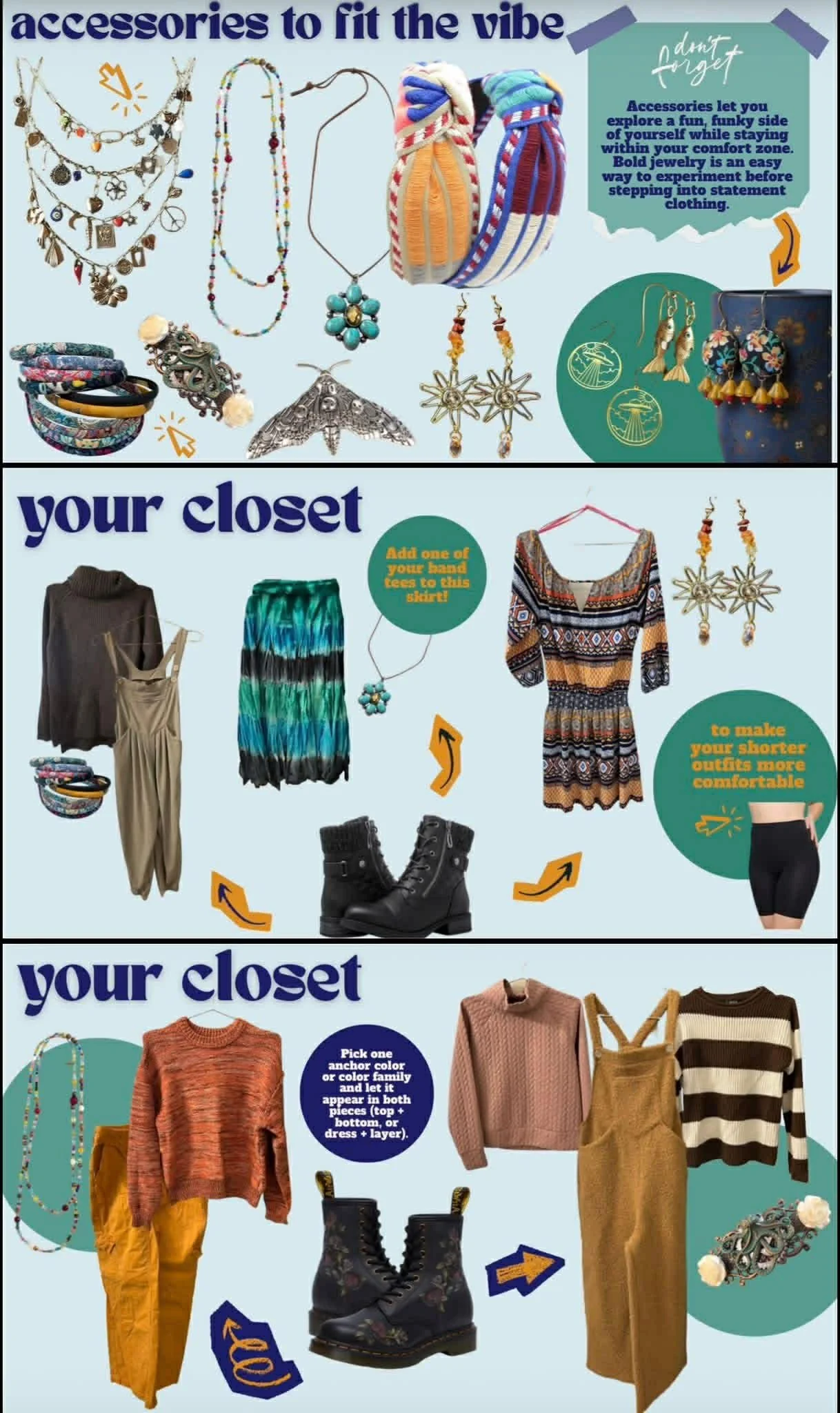 A fashion guide showing outfit and accessory ideas. The top section features jewelry such as layered necklaces, beaded necklaces, a collar necklace, and colorful earrings, with themed scarf and jewelry display. The middle section suggests pairing a patterned dress with black lace-up boots and a pendant necklace, emphasizing comfort with a casual style. The bottom section displays sweaters, pants, and ankle boots, advising to pick anchor colors or color family for layering and styling. The overall design encourages mixing accessories with clothing for fashionable looks.