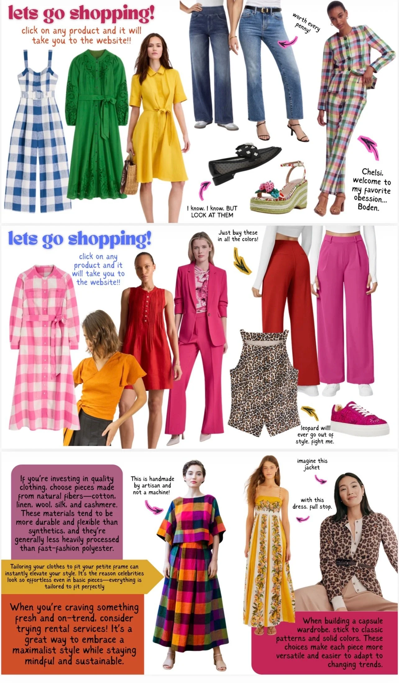 Fashion collage featuring various women's clothing styles, shoes, and accessories with shopping tips and fashion advice in colorful text.