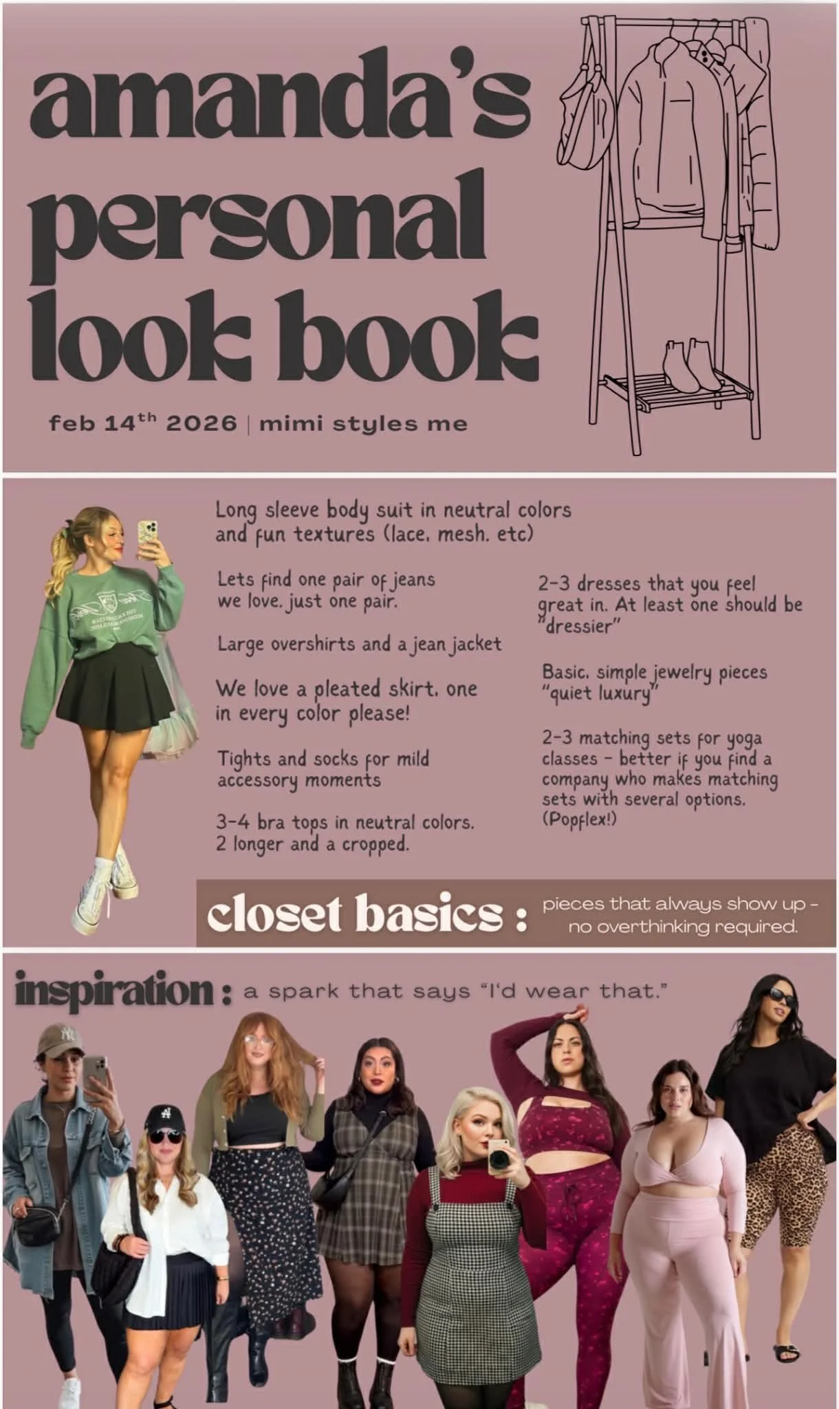 A collage of diverse women in various fashionable outfits and styles behind a fashion advice article titled 'Amanda's Personal Look Book' on a pink background. The article discusses closet basics, inspiration, and style tips.