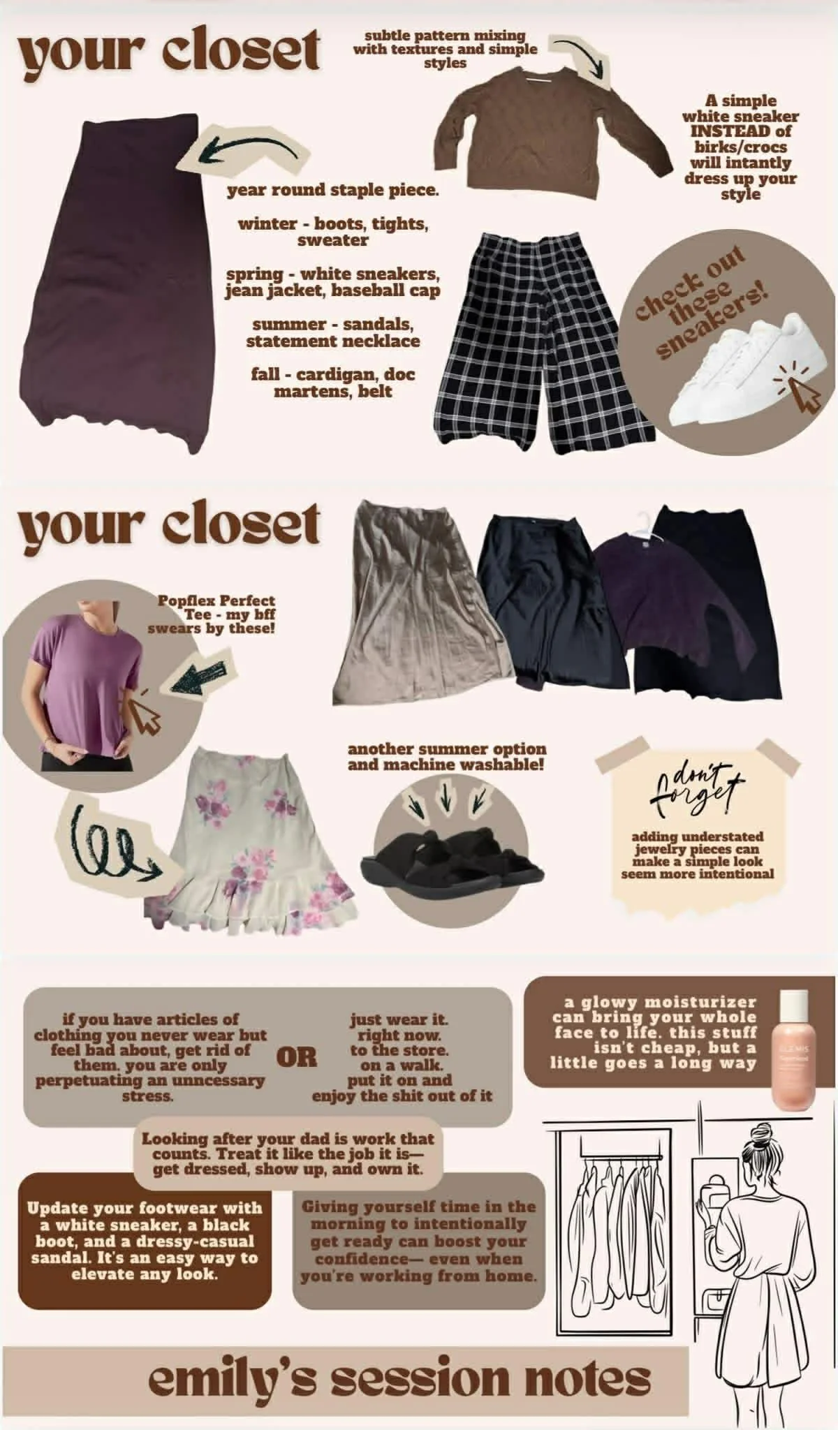 Infographic with fashion and wardrobe organizing tips, featuring sections on seasonal clothing, outfit ideas, and wardrobe management, including images of clothes, shoes, and accessories.