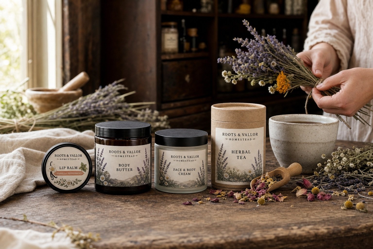 Roots and Vallor Homestead lip balm, body butter, face and body cream, and herbal tea arranged with lavender and locally grown botanicals.