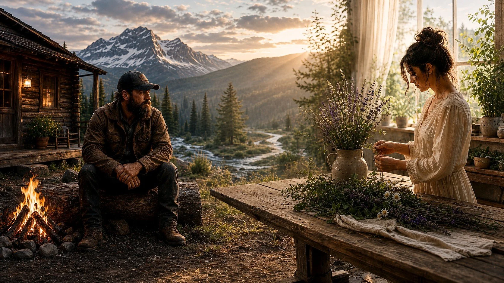 A rustic mountain homestead scene with an anonymous man near a cabin and an anonymous woman arranging herbs in warm natural light.