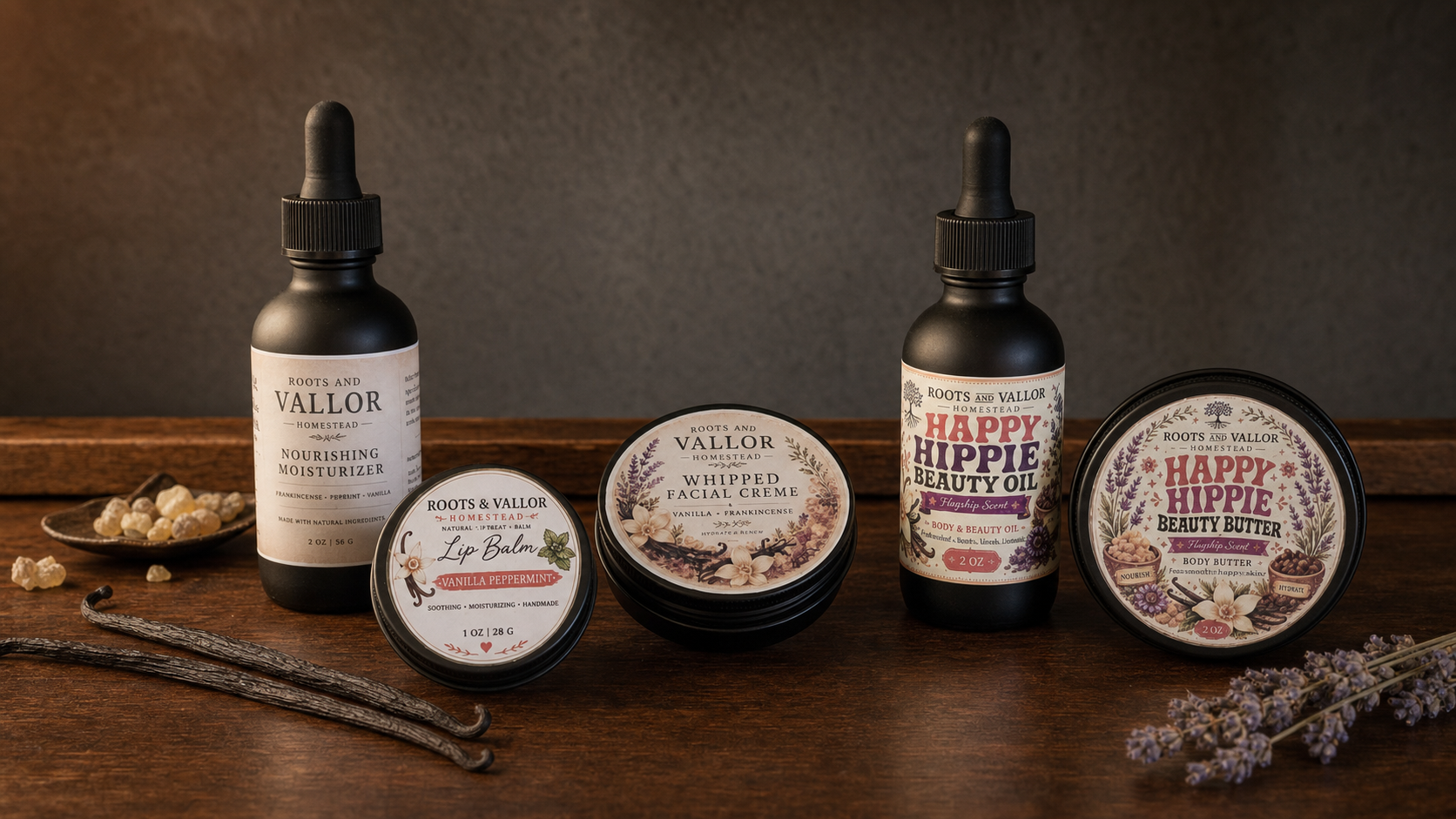 Roots and Vallor Homestead Nourishing Moisturizer, Whipped Facial Creme, Happy Hippie Beauty Oil, Happy Hippie Beauty Butter, and Vanilla Peppermint Lip Balm displayed on a warm homestead worktable.