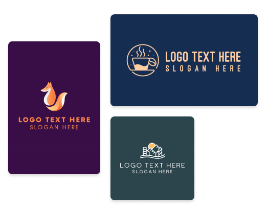 Three business card templates featuring logos and text. The first card has a stylized fox icon on a purple background with space for a logo and slogan. The second card shows a coffee cup with steam on a dark blue background, designated for logo and slogan. The third card displays a cityscape with a rising sun on a teal background, also with placeholders for logo and slogan.
