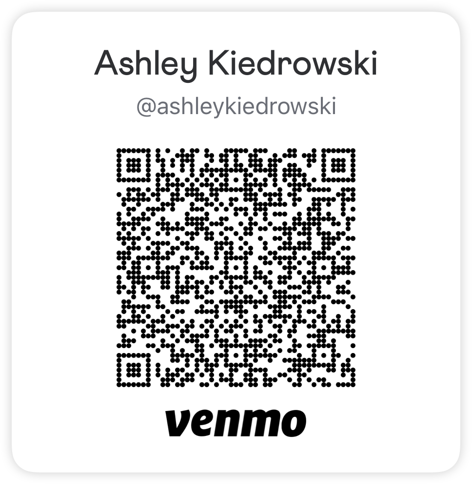 Business card with the name Ashley Kiedrowski, the handle @ashleykiedrowski, a QR code, and the Venmo logo at the bottom.