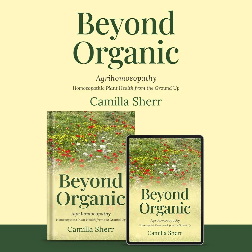 Book cover titled 'Beyond Organic' by Camilla Sherr, featuring a photo of wildflowers in a field on both a physical book and an e-book version.