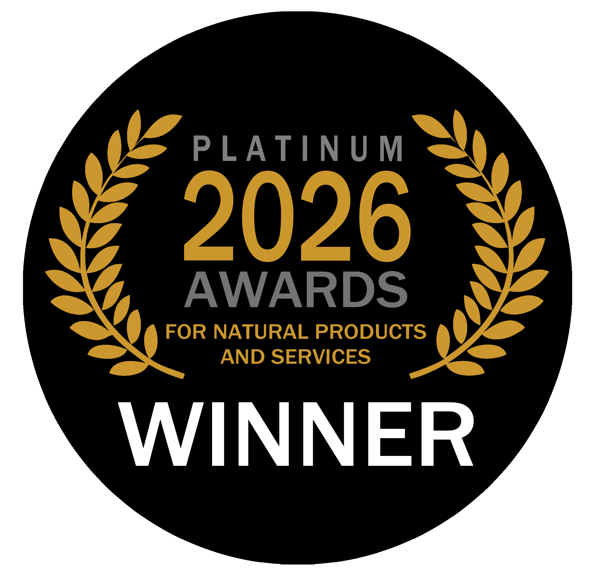 Gold laurel wreath surrounding text that reads: '2026 PLATINUM WINNER AWARDS FOR NATURAL PRODUCTS AND SERVICES'