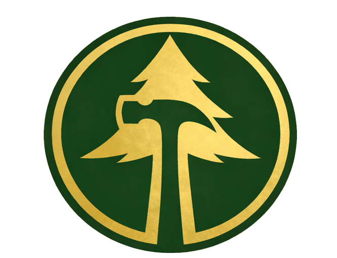 A circular logo with a green background and gold border, featuring a gold tree with a hammer incorporated into its trunk.