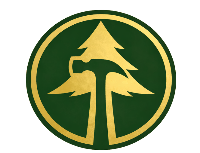 A circular logo with a green background, featuring a gold tree and an axe incorporated into the design.