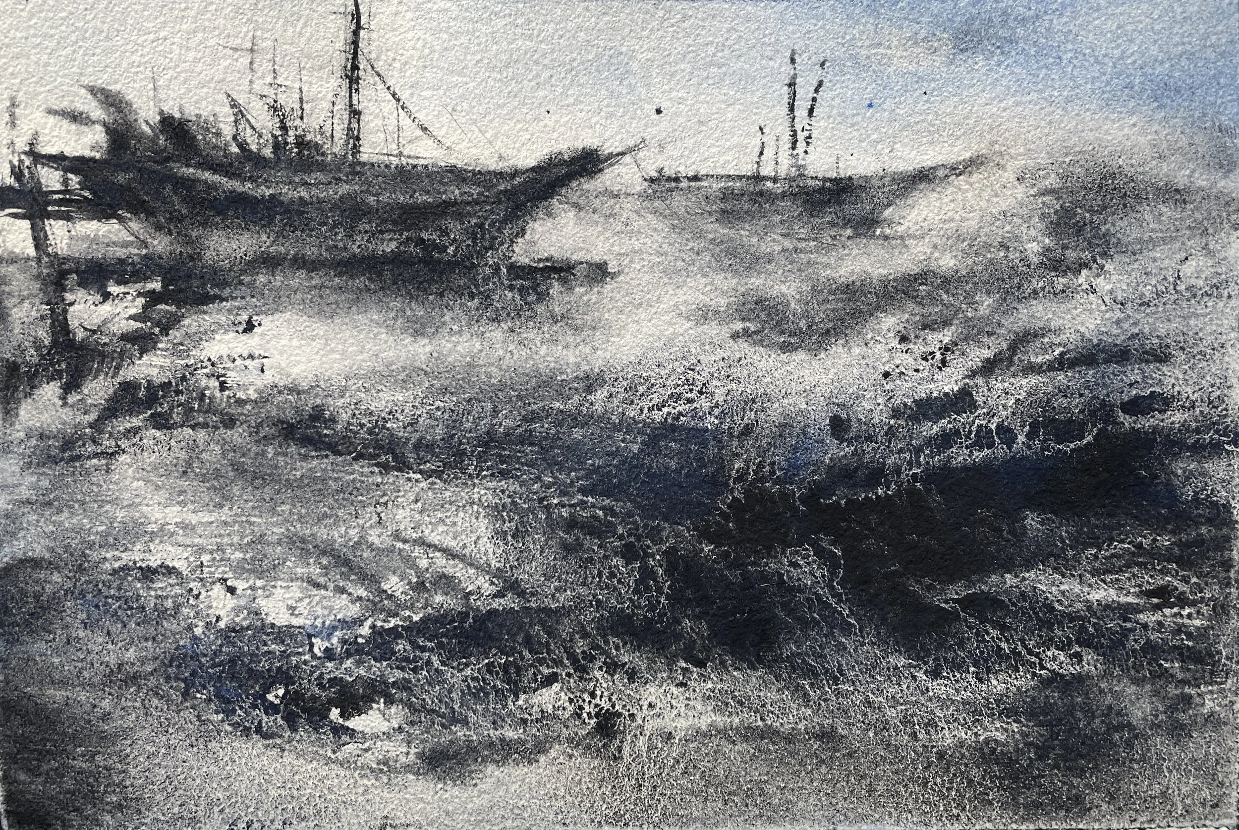 watercolor workshop Pigment granulation -Seascape with ships