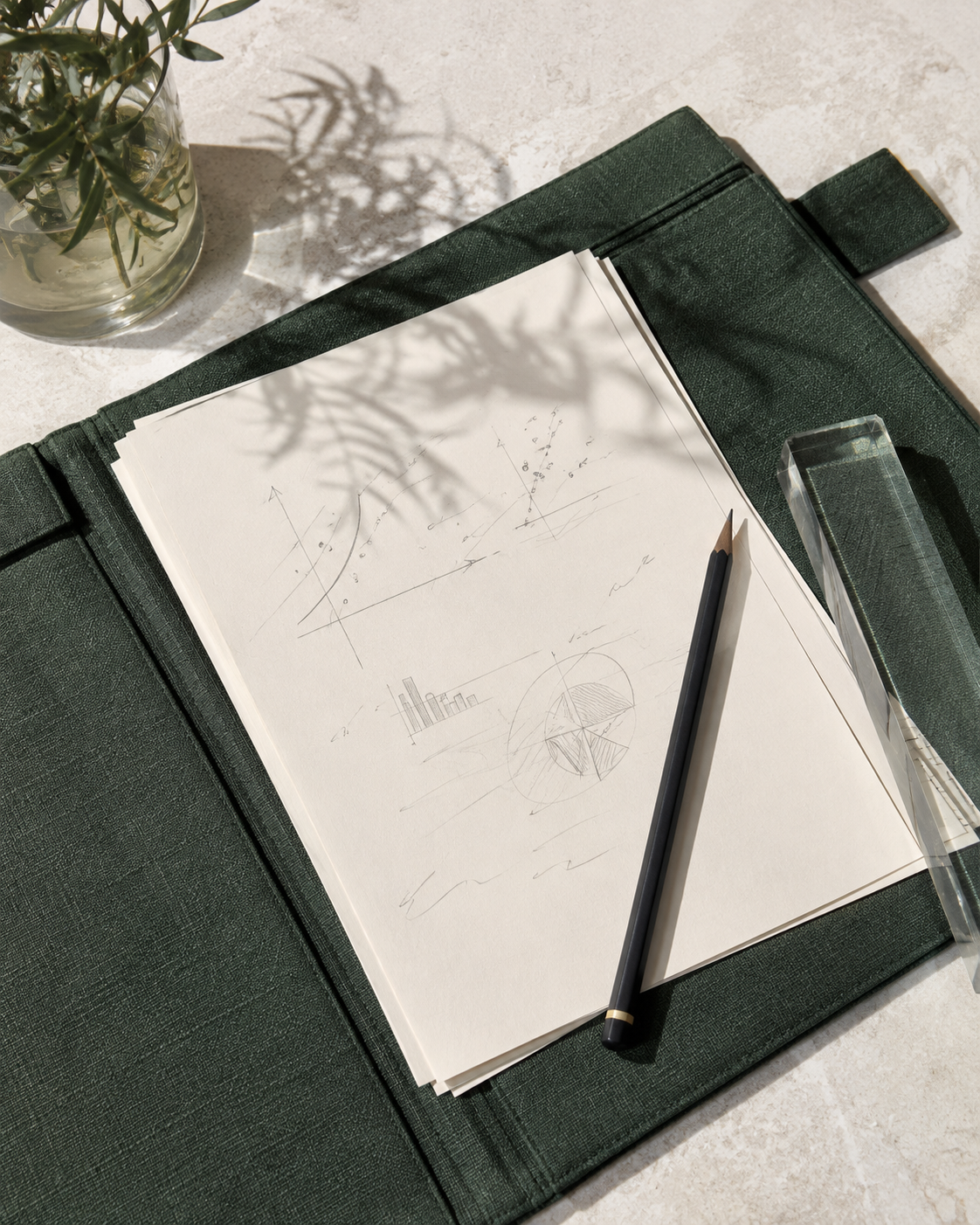 A green folio with sketched charts, a pencil, and a glass ruler, illustrating careful analysis and planning.