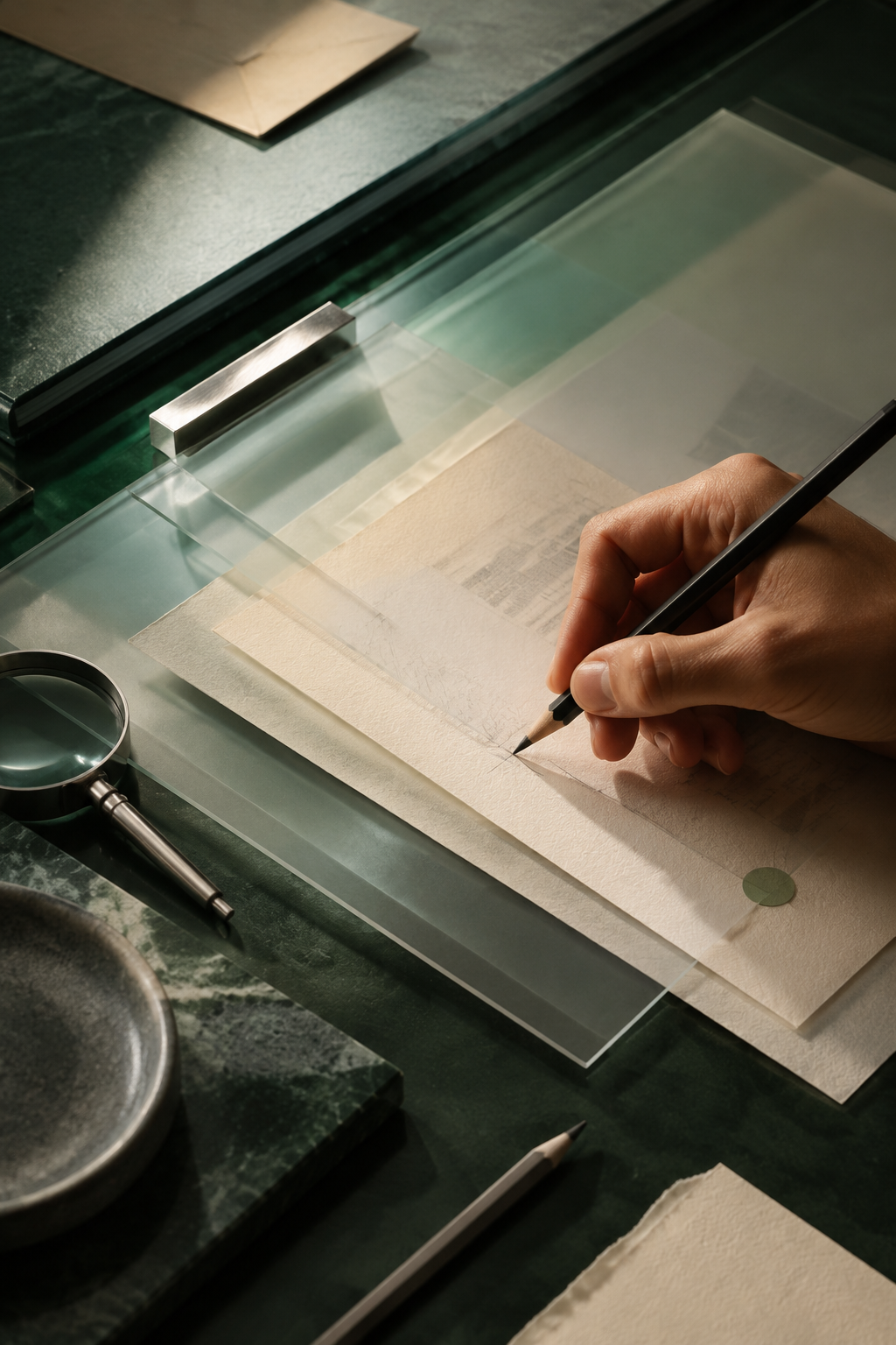 A hand reviewing layered evidence on glass and paper, representing human judgment with AI.