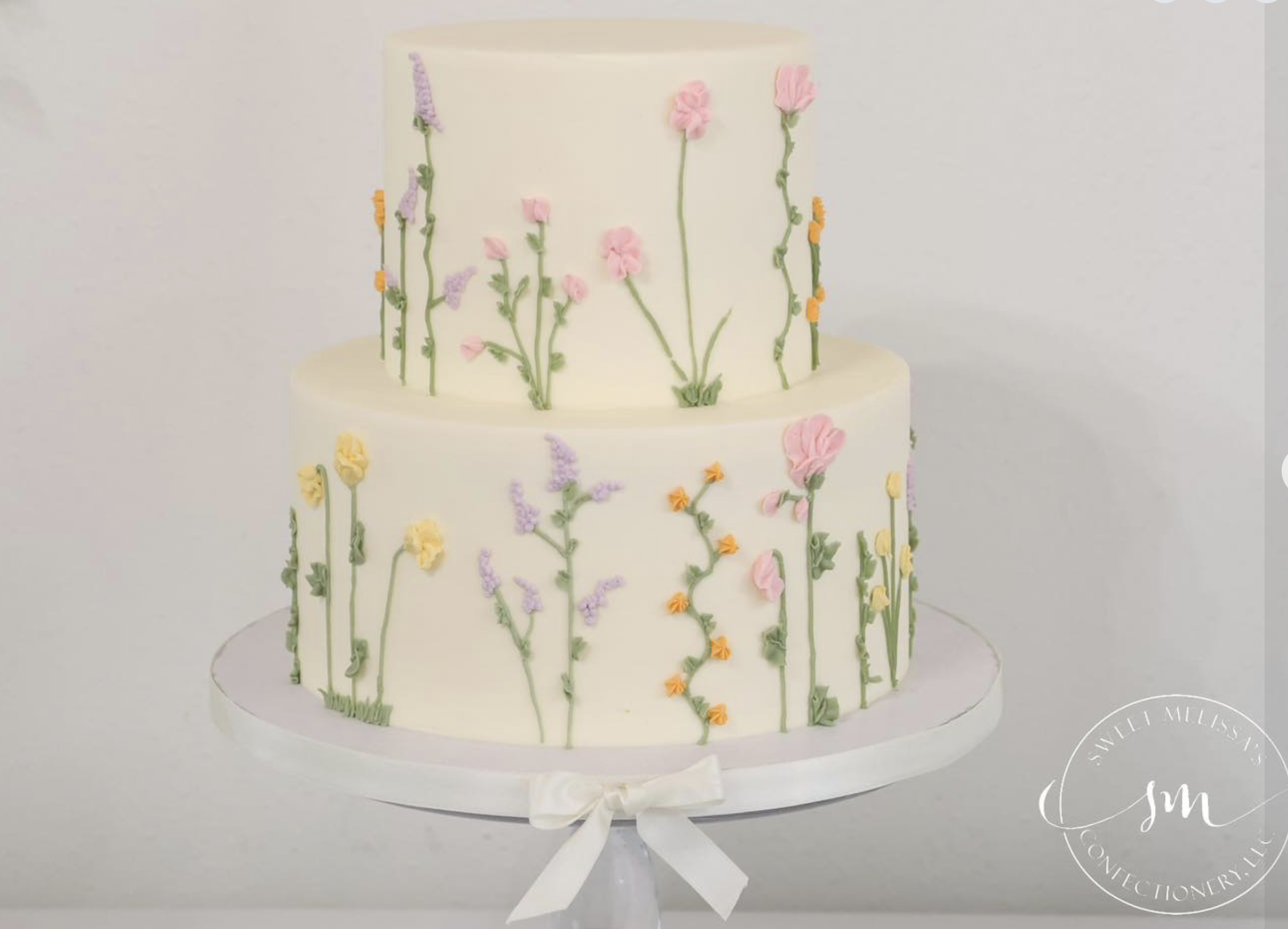 Two-tier white cake decorated with pastel-colored floral designs made from piped icing, against a plain background.