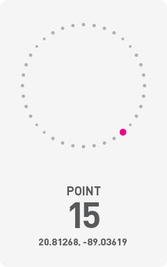 Diagram of circumference of Chicxulub Crater with a pink dot labeling the point of photograph and it's GPS coordinates 20.81268, -89.03619.