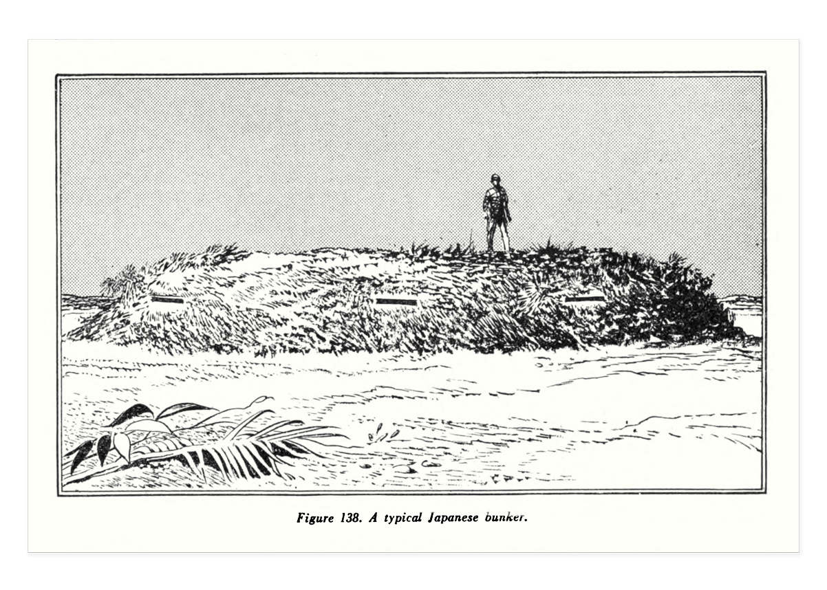 A sketch of a Japanese bunker with a person standing on top, surrounded by vegetation and a sandy foreground, labeled "A typical Japanese bunker."