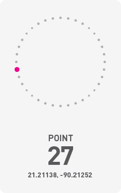Diagram of circumference of Chicxulub Crater with a pink dot labeling the point of photograph and it's GPS coordinates 21.21138, -90.21252.