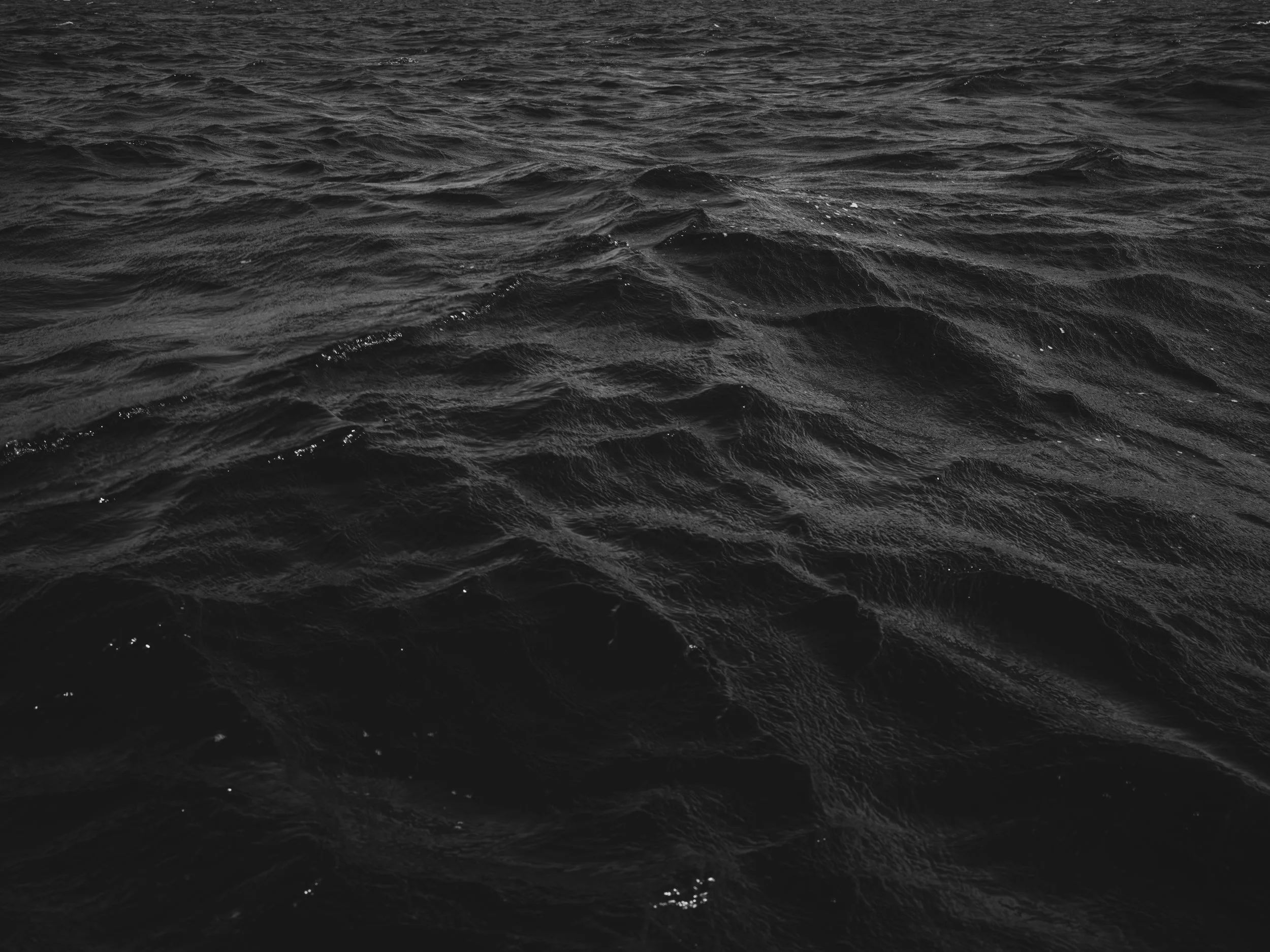 Black and white photo of choppy ocean water with small waves.