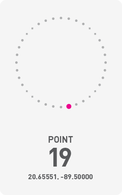 Diagram of circumference of Chicxulub Crater with a pink dot labeling the point of photograph and it's GPS coordinates 20.65551, -89.50000.