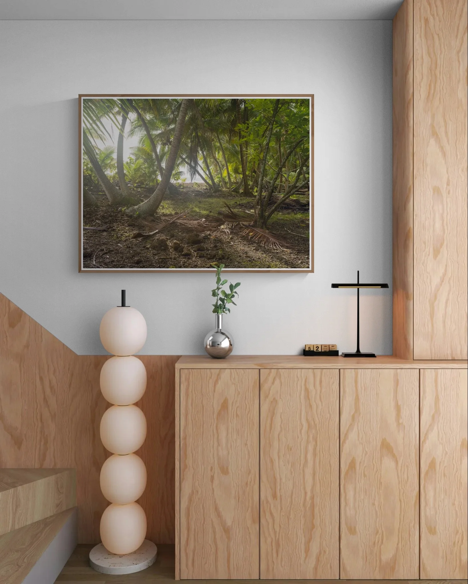 Natural wooden cabinet next to staircase.jpeg
