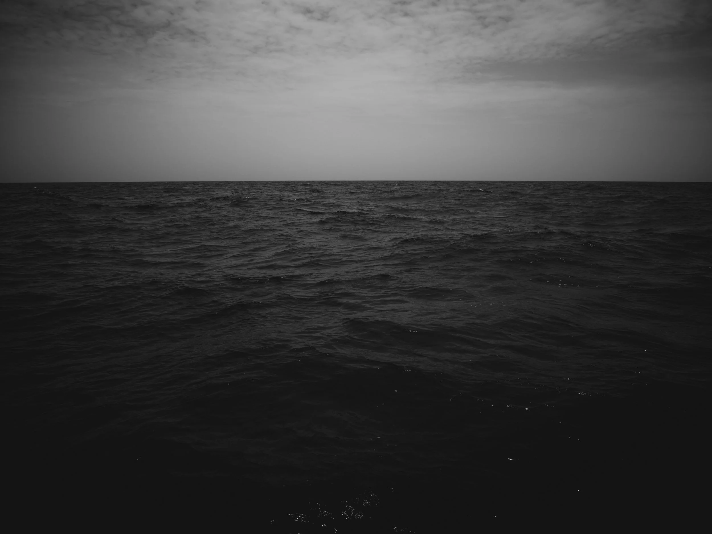 A black and white photo of the ocean with dark waves on the surface and a cloudy sky above.